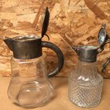 Pair of cast glass & vintage metal refresher pitcher