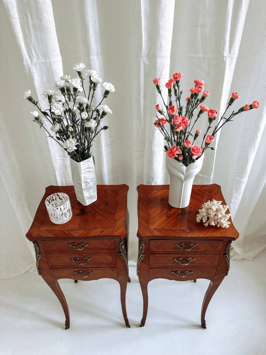 Louis XV French bedside tables with floral marquetry, 1940s, set of 2