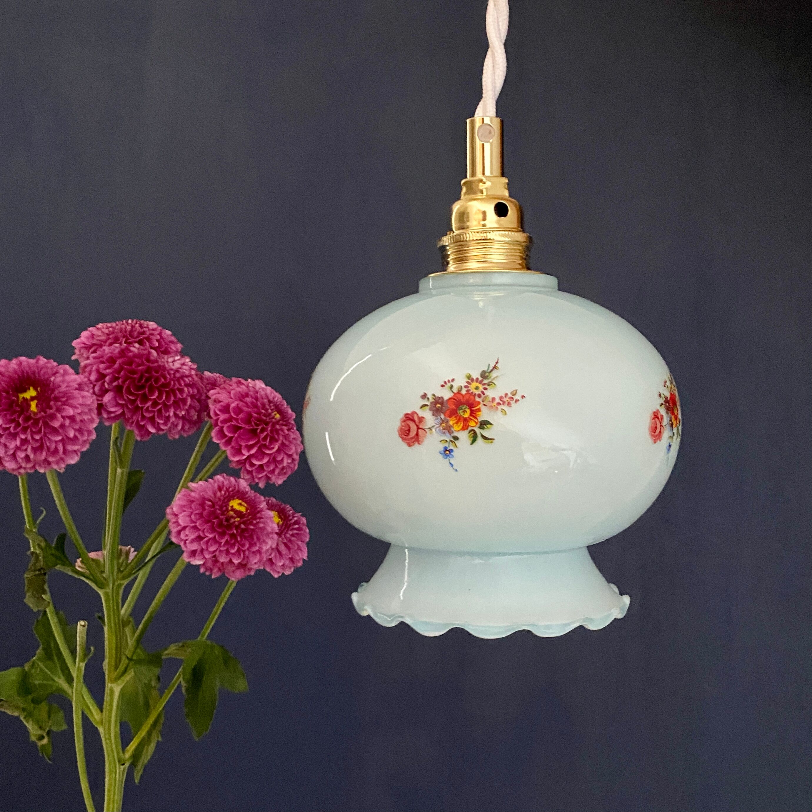 Vintage blue opaline tulip ride with flower design