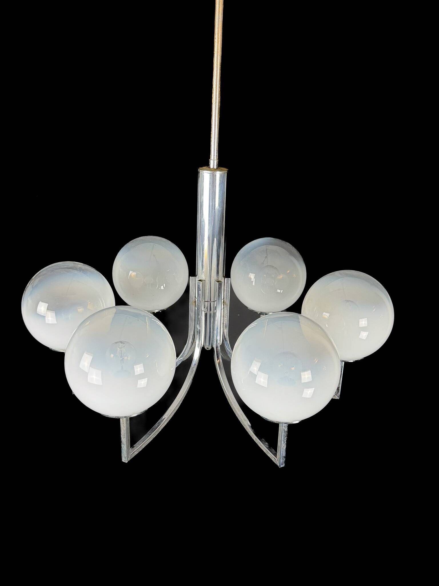 Six arms chandelier in murano glass spheres and chrome. Italy 1960s
