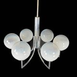 Six arms chandelier in murano glass spheres and chrome. Italy 1960s