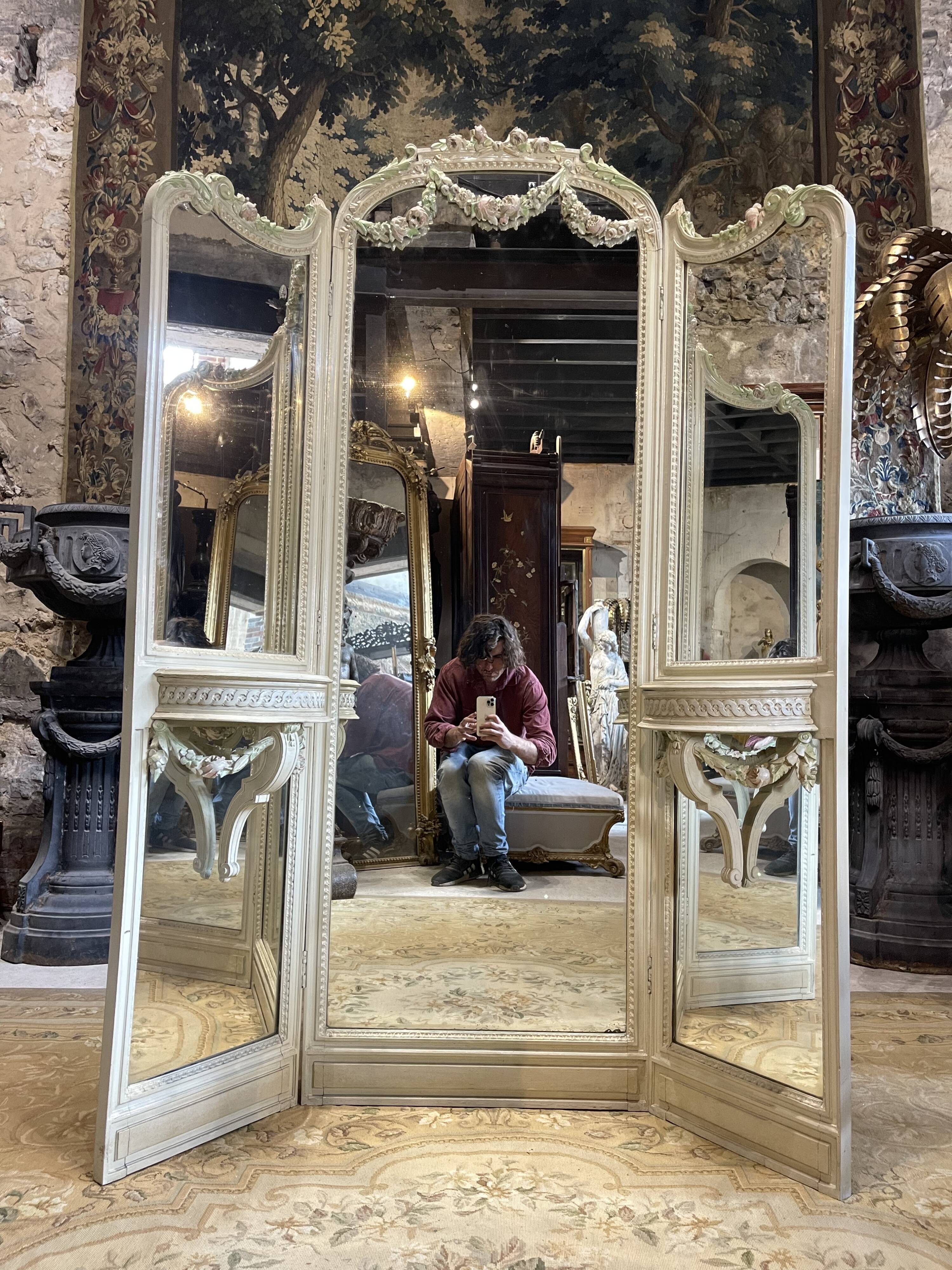 Mirror triptych style Louis XVI wooden rechampie cream XIX th century