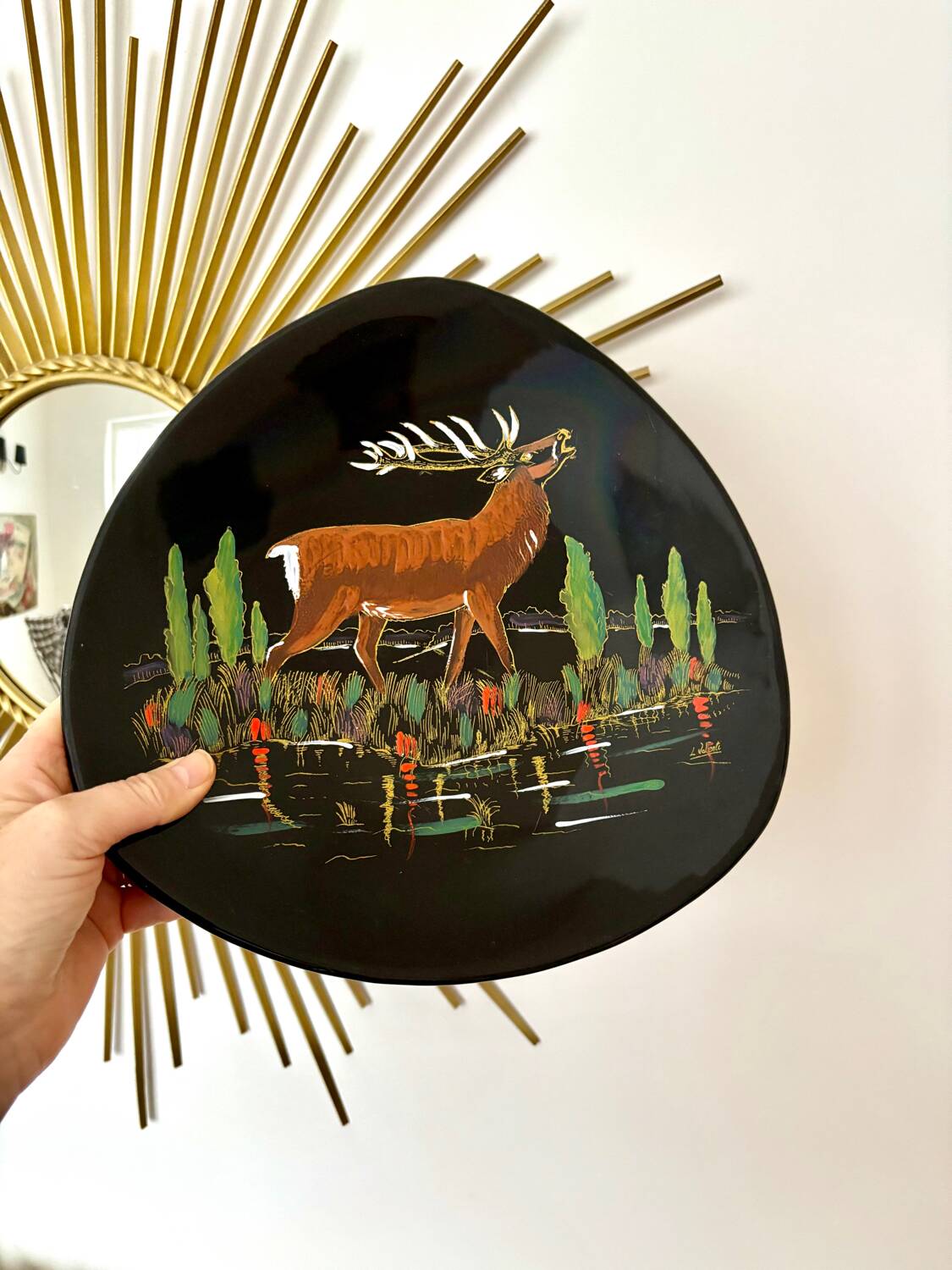 Vintage mid-century decorative plate Longwy Le Cerf