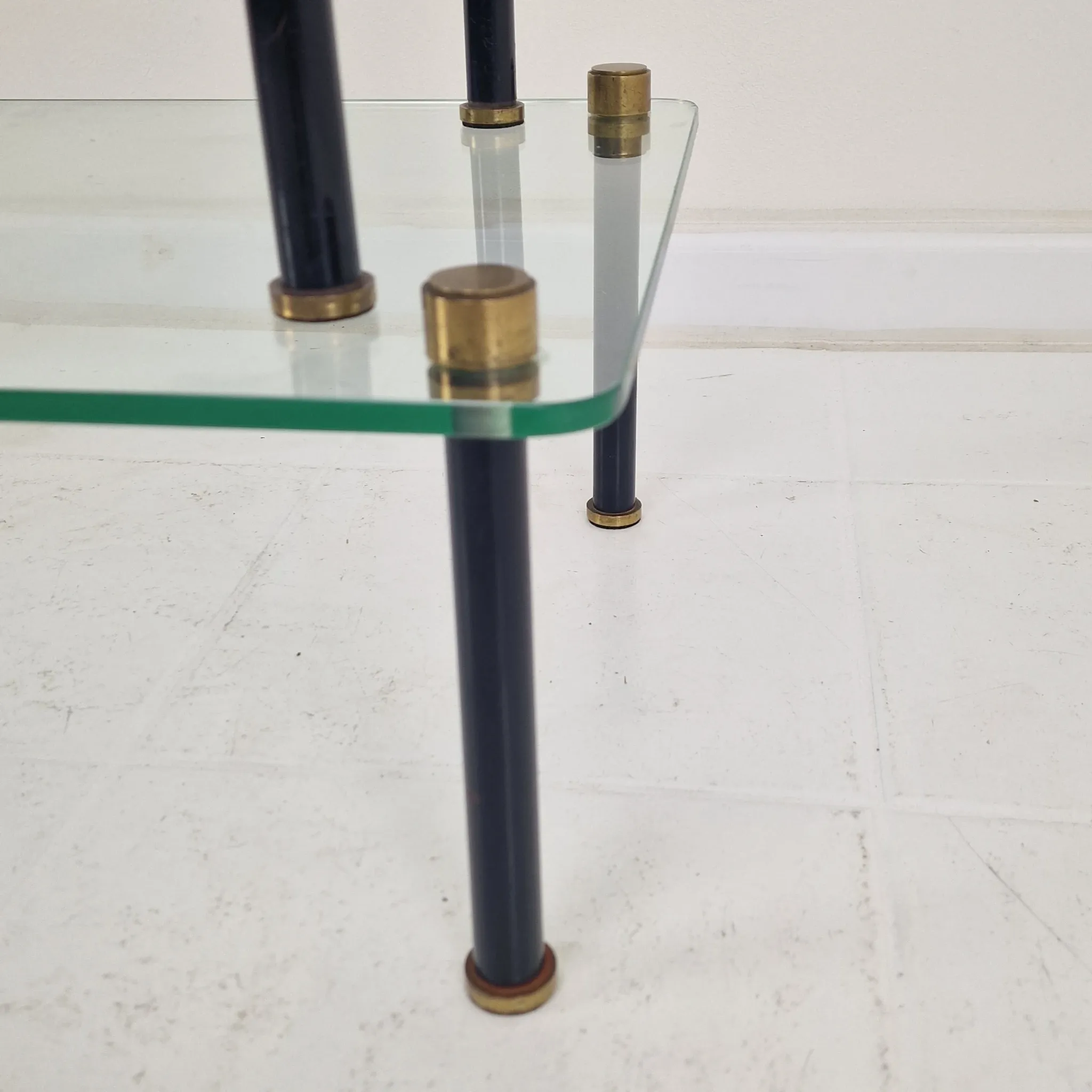 French Modernist Glass and Brass Display Tables with 'P. Andrieux', 1930's