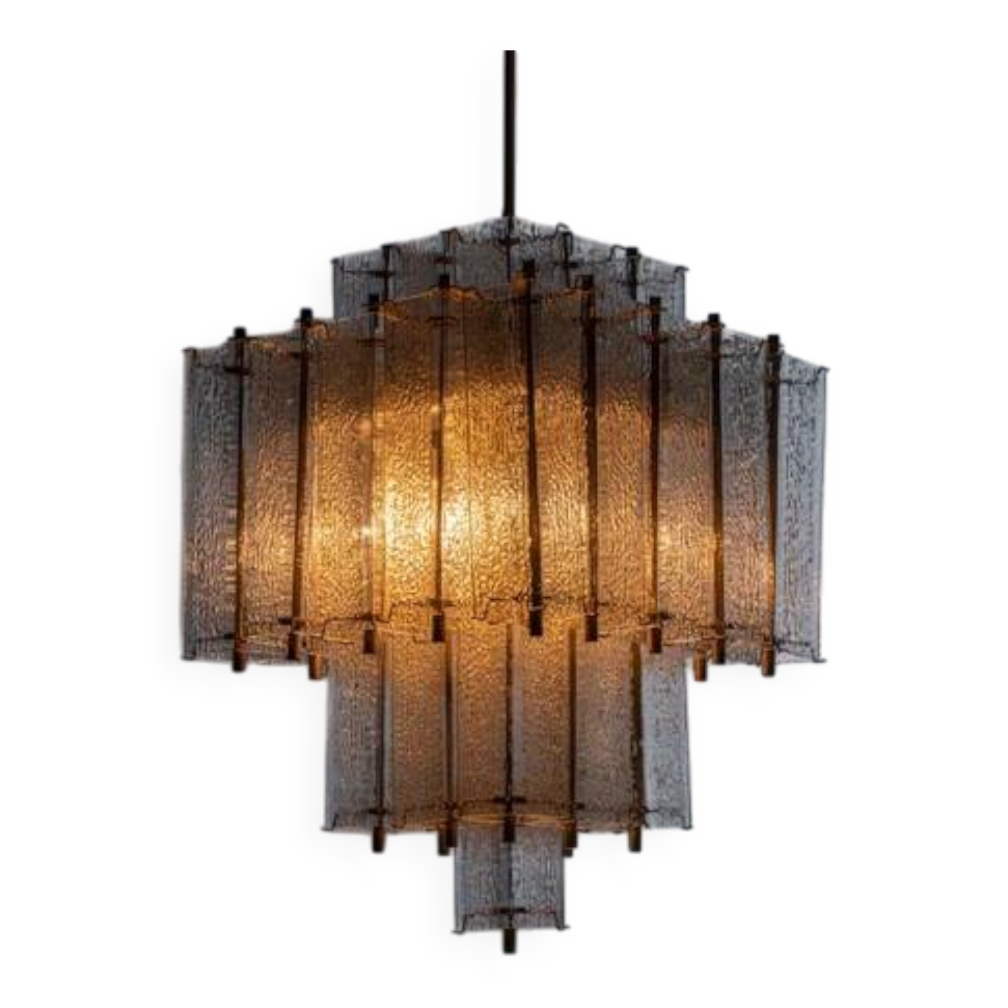 Chandelier in brass and structured ice glass, 1950s, Austria