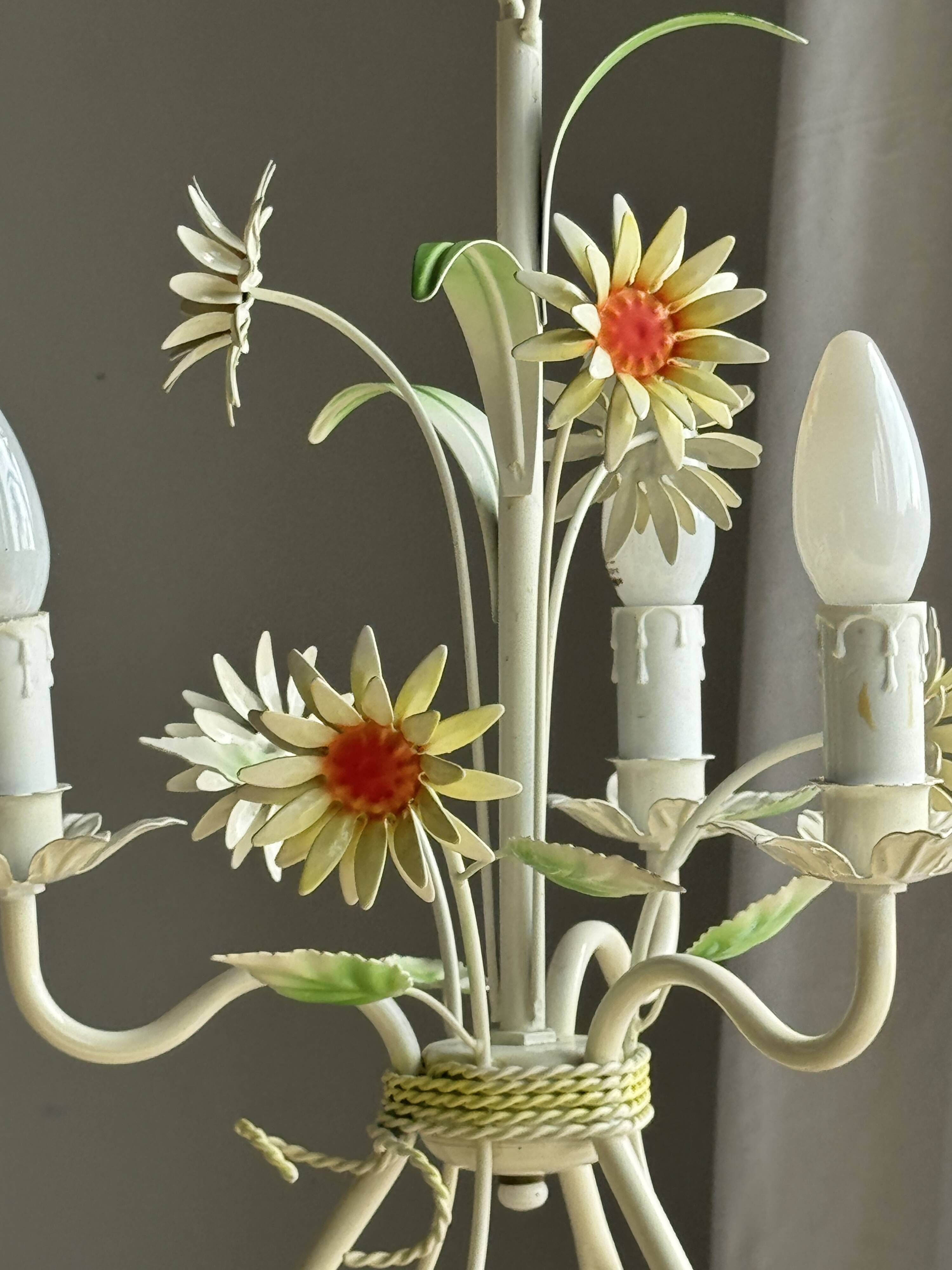 Small vintage cream metal flower chandelier with orange flowers and 3 arms.