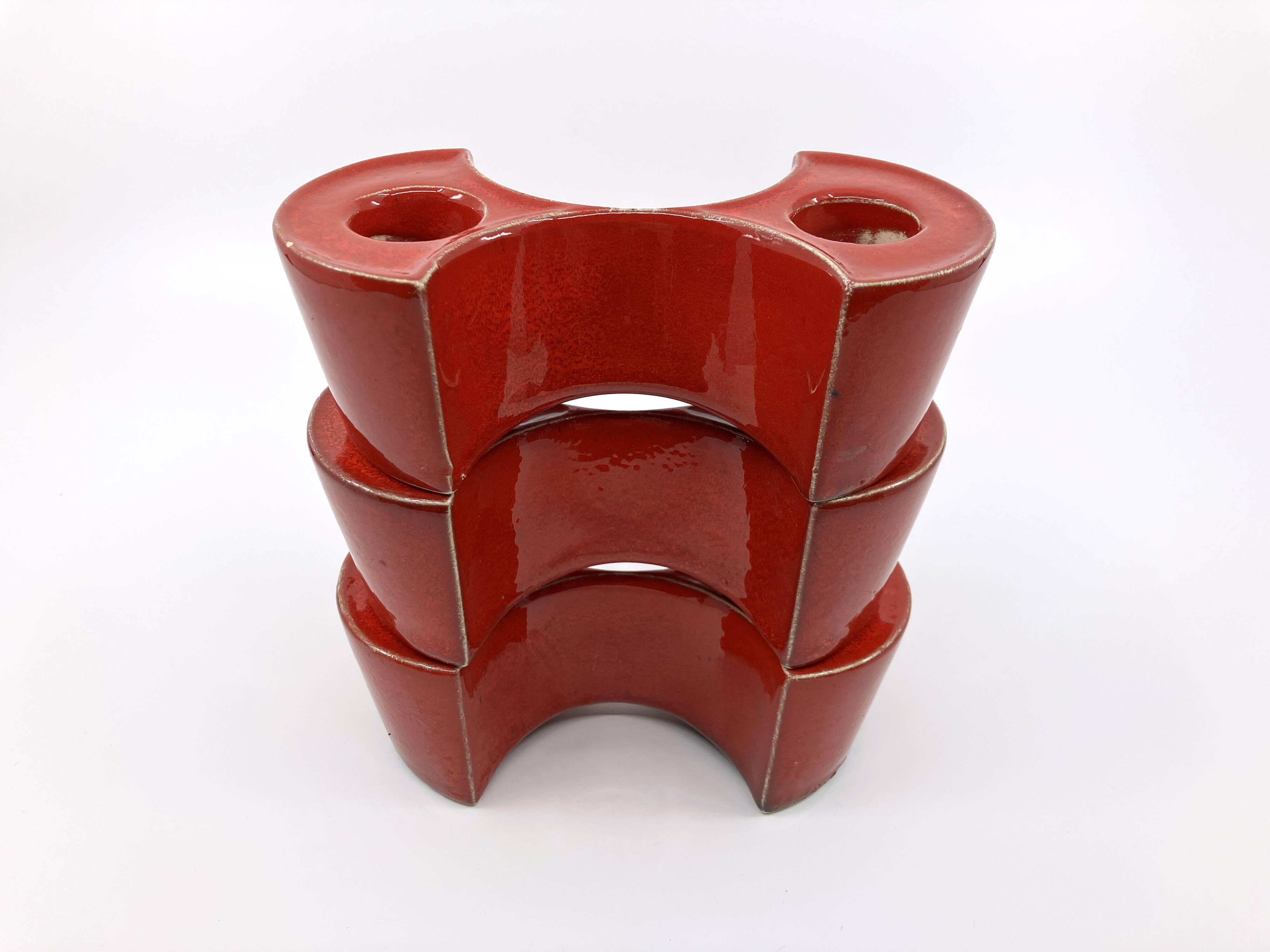 3 red ceramic candlesticks • Cari Zalloni • Steuler • 1970