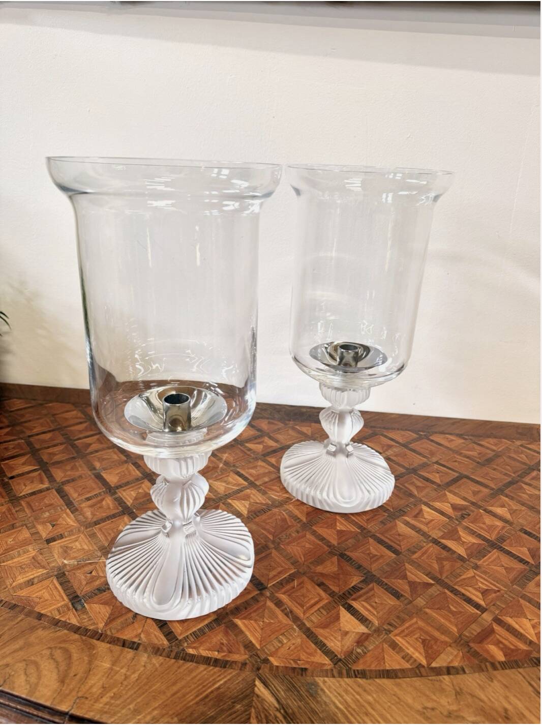 Pair of Lalique FRANCE crystal tealight holders – “Ouragan” model