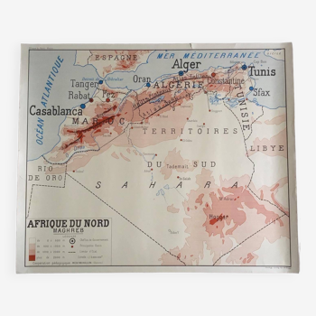 Carte de géographie affiche scolaire vintage Maroc Afrique du Nord