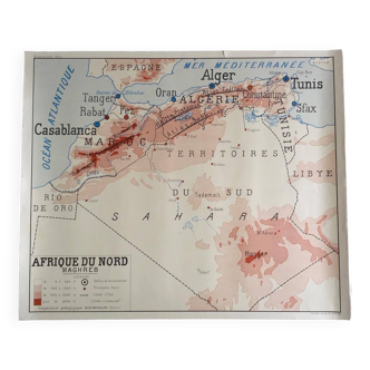 Carte de géographie affiche scolaire vintage Maroc Afrique du Nord