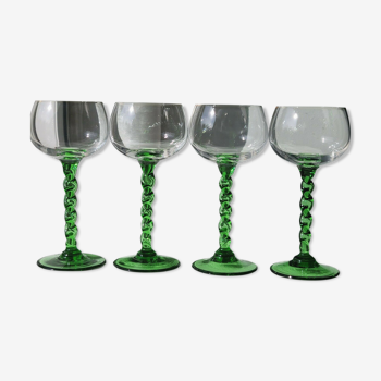 4 verres à vin blanc d'Alsace en verre soufflé pied vert torsadé