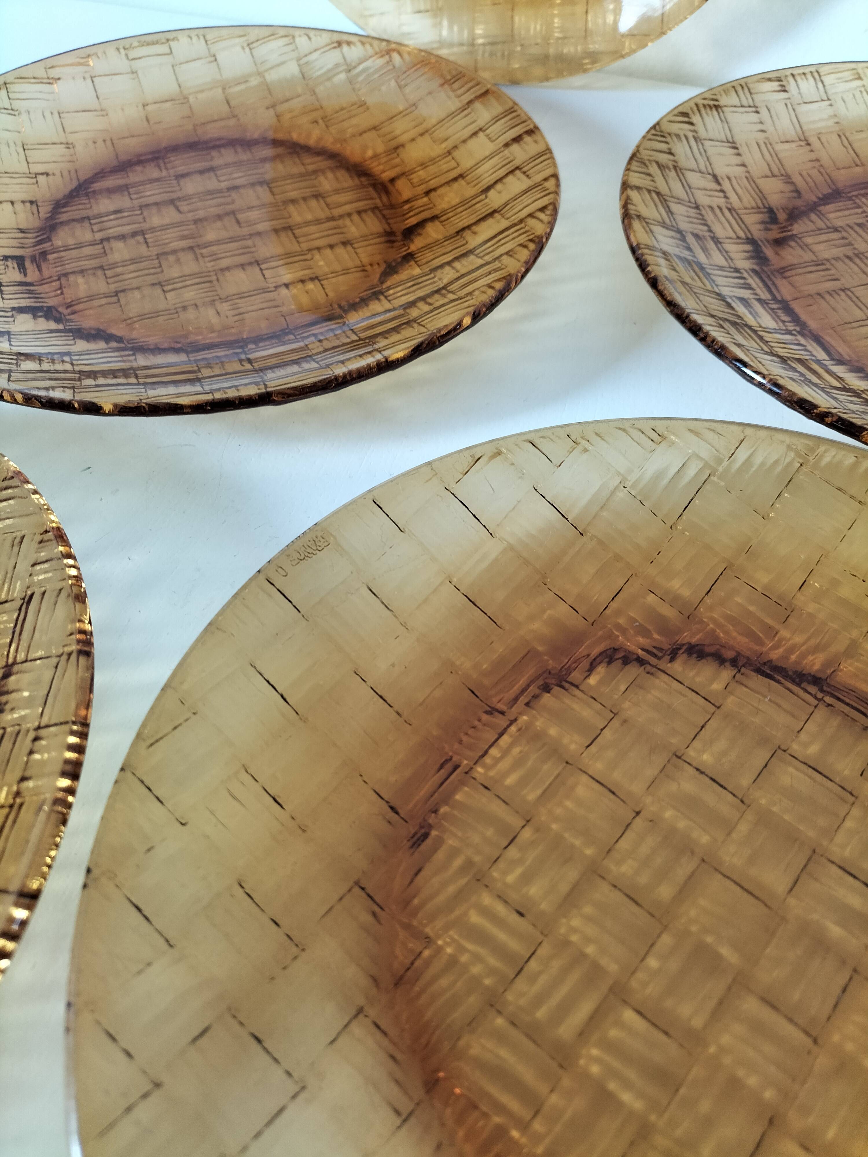 5 vintage pressed glass dessert plates with woven decoration