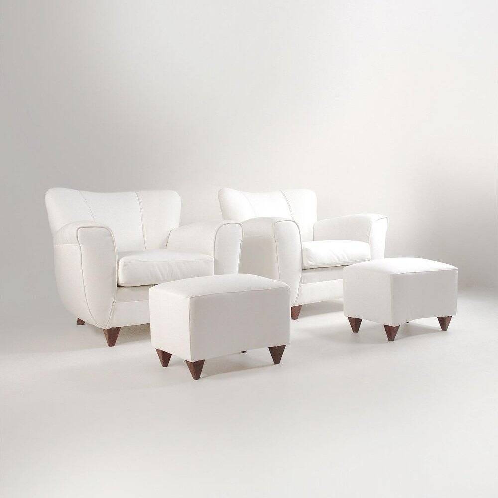 2 sets of Italian armchair with pouf in white fabric, Italy, 1940s