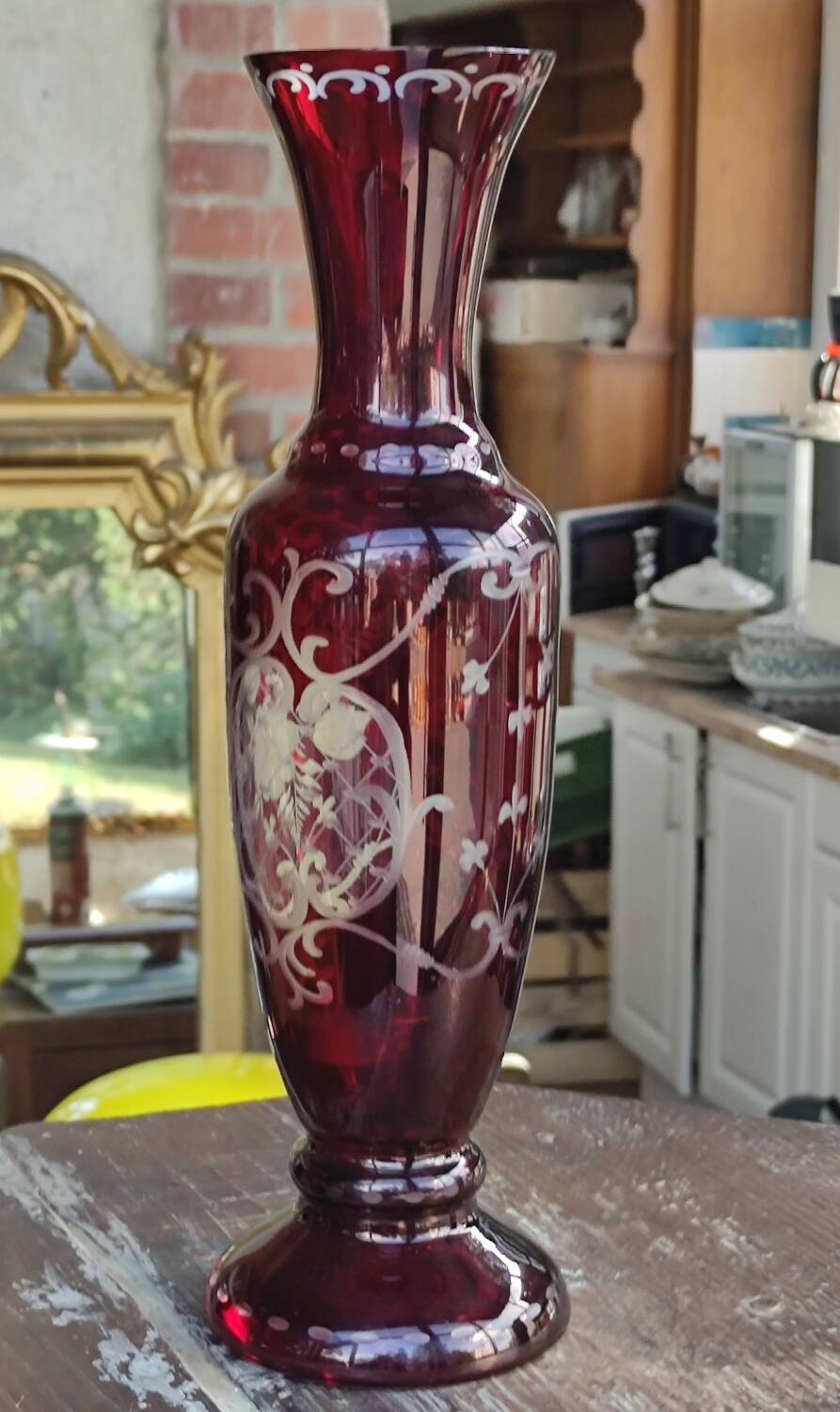 Old engraved red crystal vase