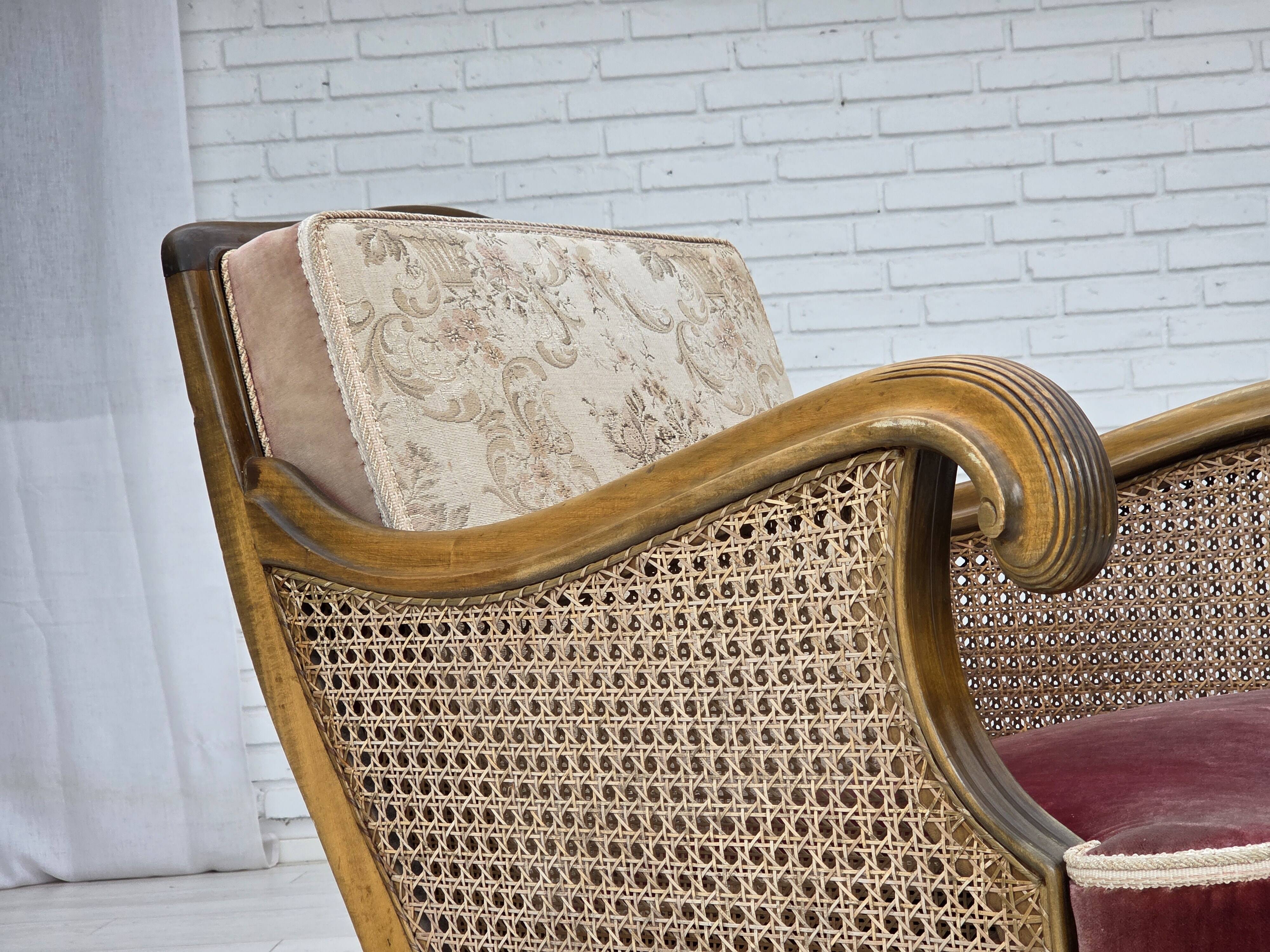 1940s, Danish armchair, woven wool, velour, mesh, carved oak wood.