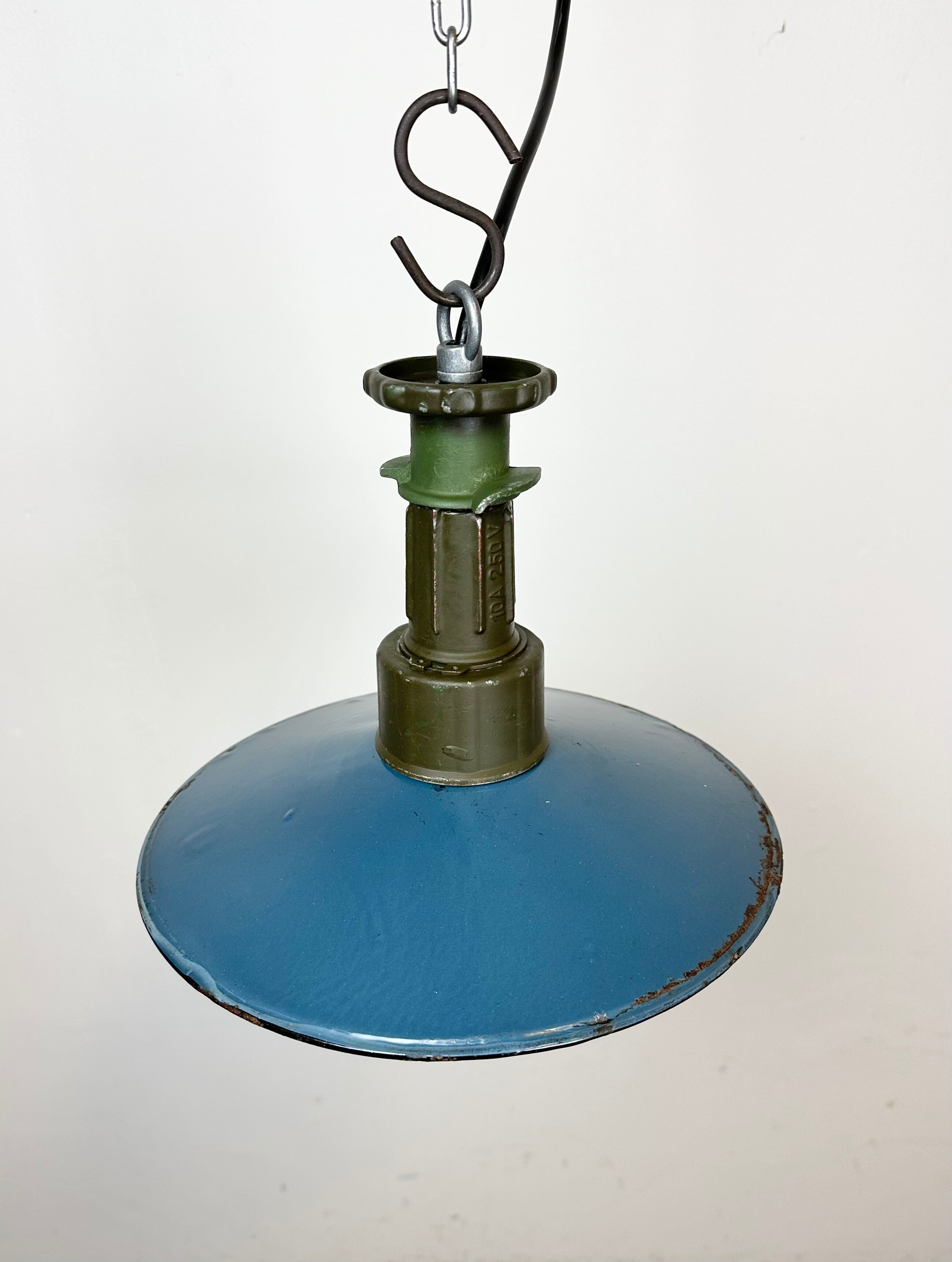 Industrial Blue Enamel Factory Pendant Lamp with Cast Aluminium Top, 1960s
