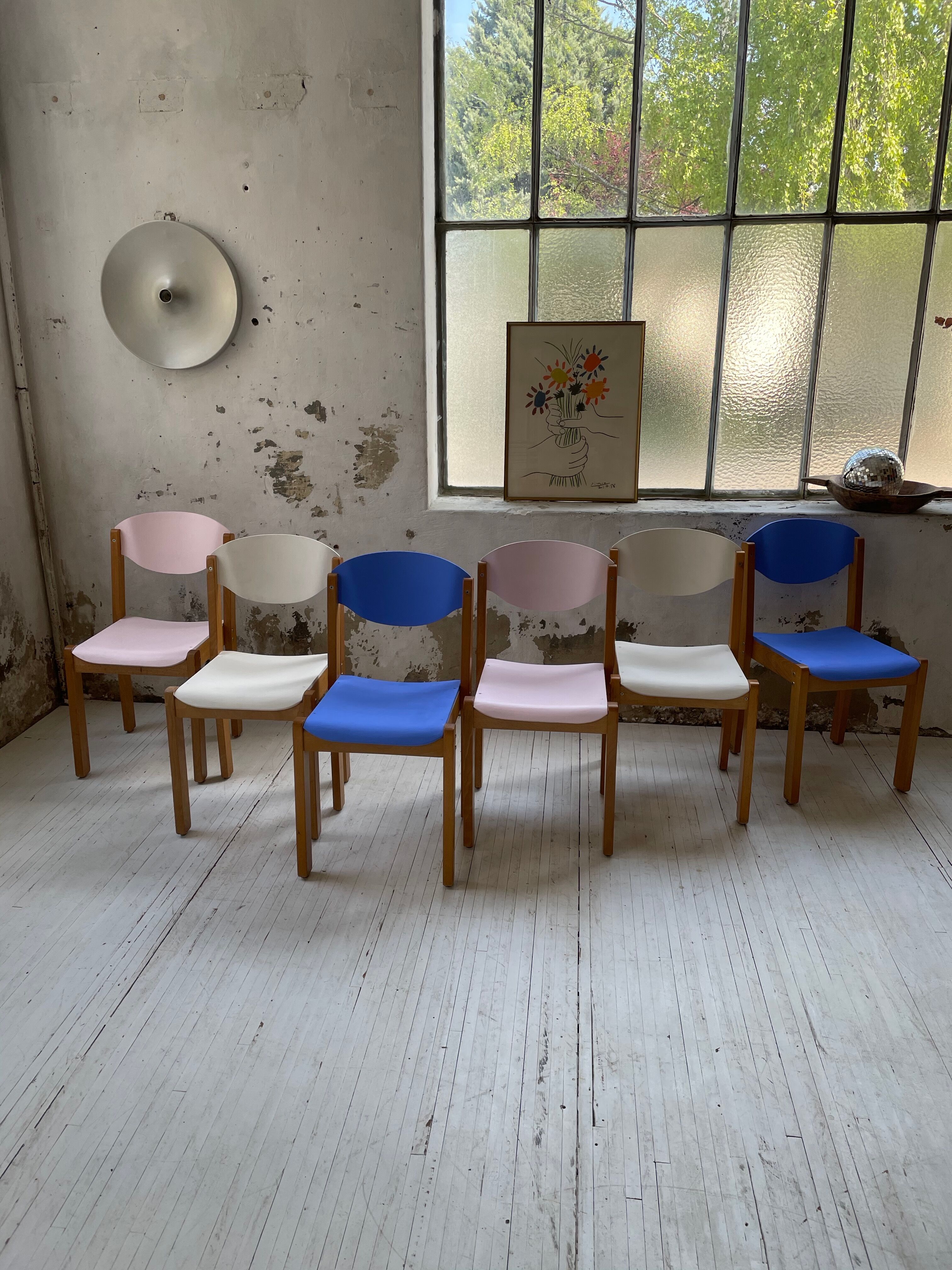 6 colorful 80s beech chairs