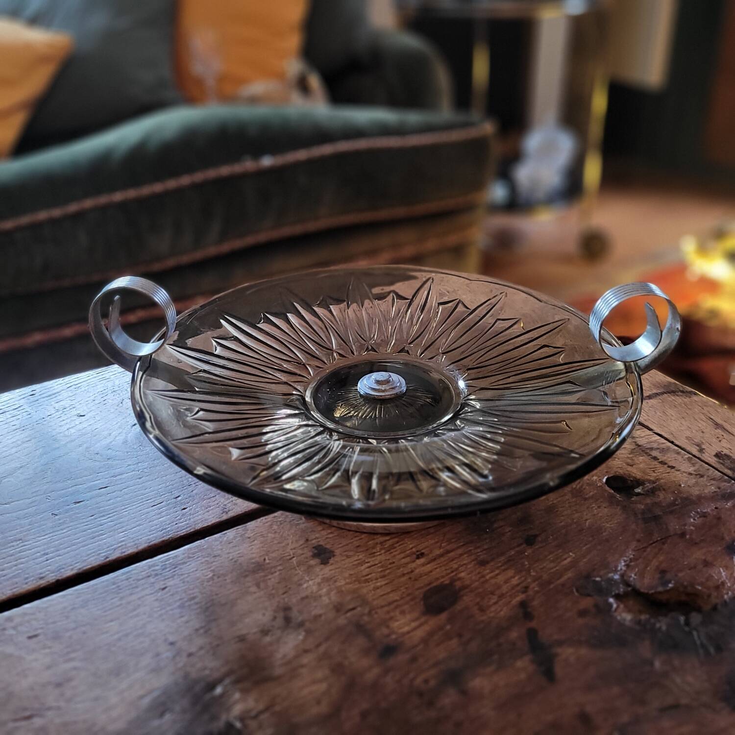 Art Deco stemmed bowl - Smoked glass and silver-plated metal - 1940s