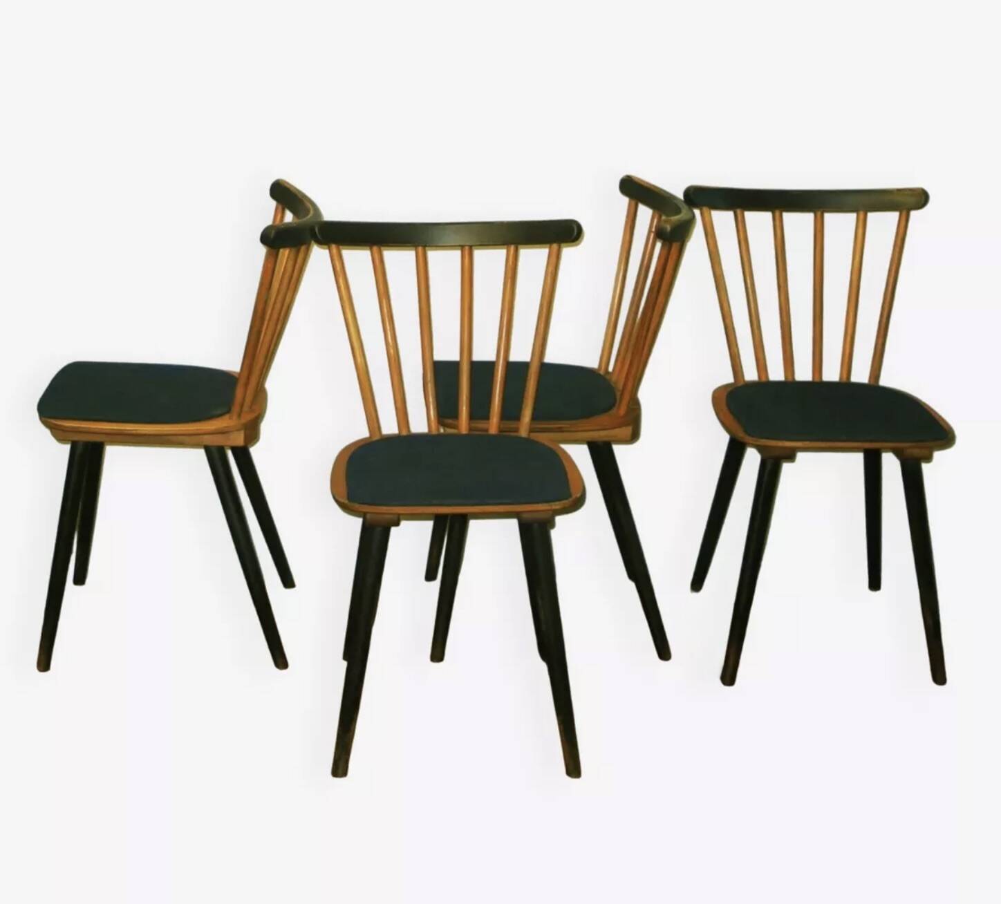 Set of 4 dining chairs with splayed legs and navy blue seat covers, 1960s