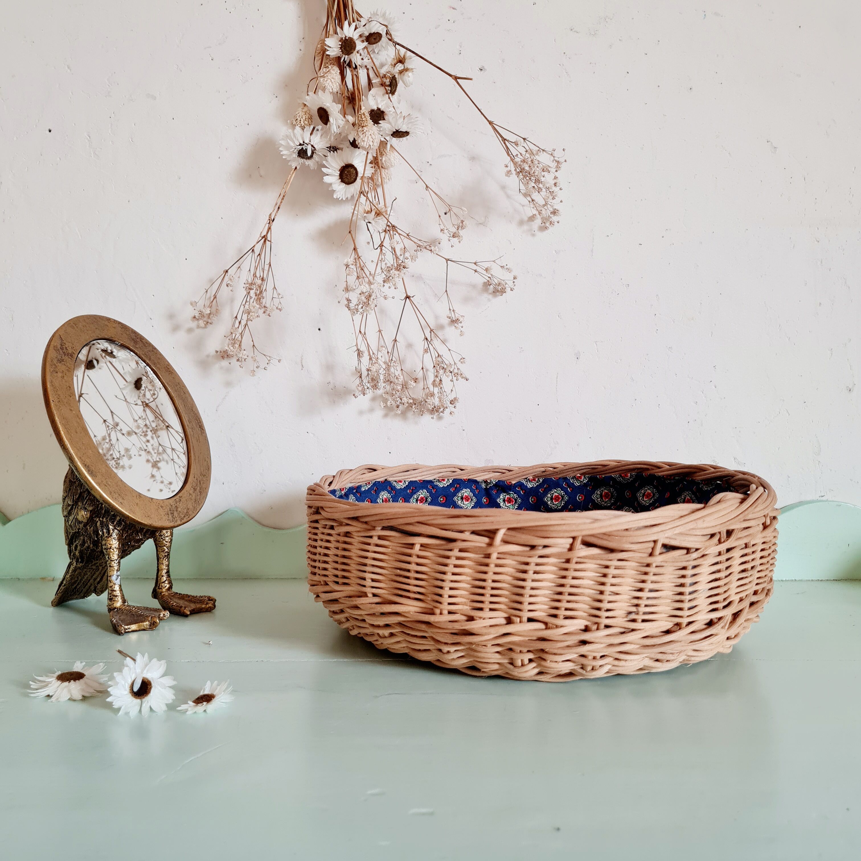 Vintage rattan basket interior liberty fabric
