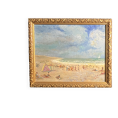 Huile sur toile scène de plage animée Normandie encadrement XXème