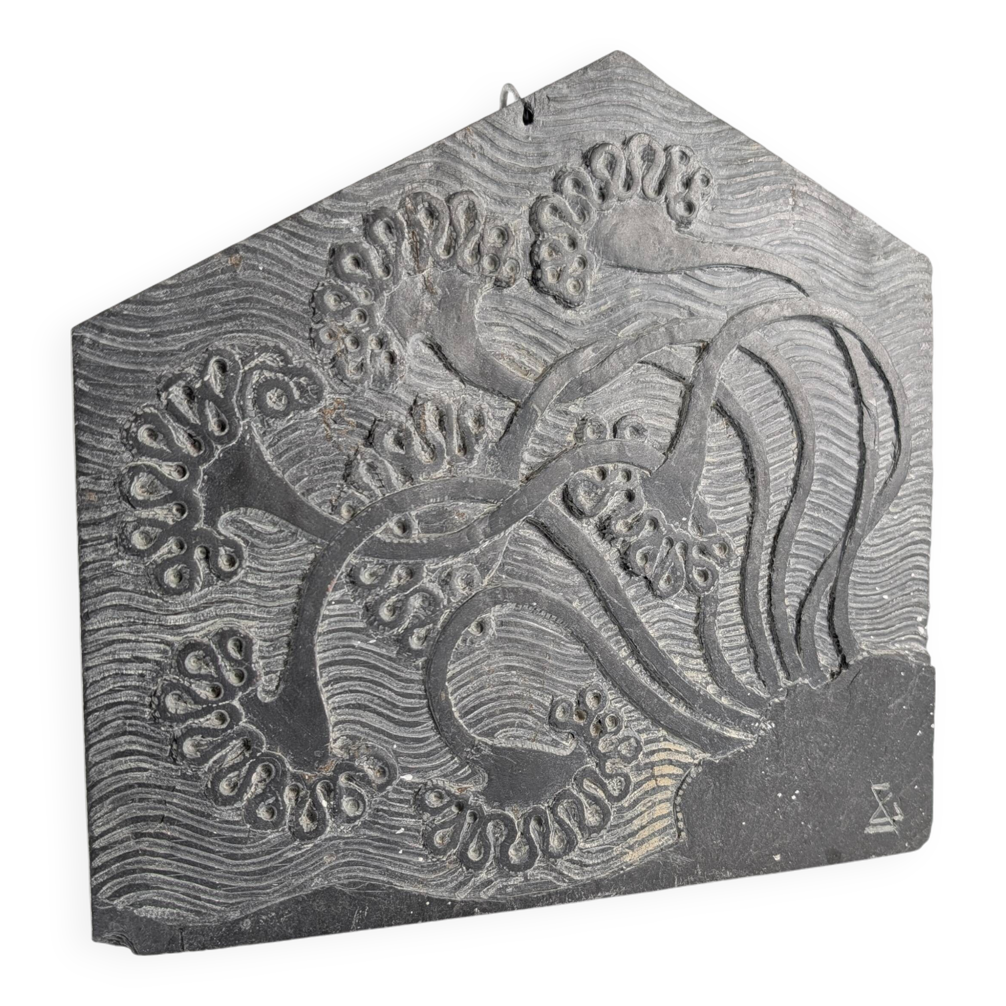 Slate Bas-Relief with Floral Motifs, Signed, 1970s