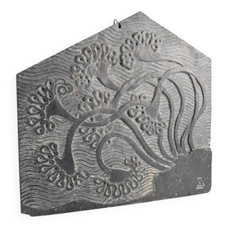Slate Bas-Relief with Floral Motifs, Signed, 1970s