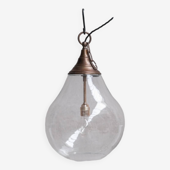 Large Clear Glass and Brass Bulb Shaped Pendant Light