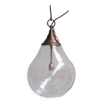 Large Clear Glass and Brass Bulb Shaped Pendant Light