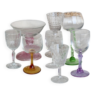 8 mismatched vintage glass and crystal liqueur glasses