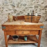 Table de boucher française vintage – Bloc de hêtre des années 1960 – Table de boucher avec tiroir et étagère