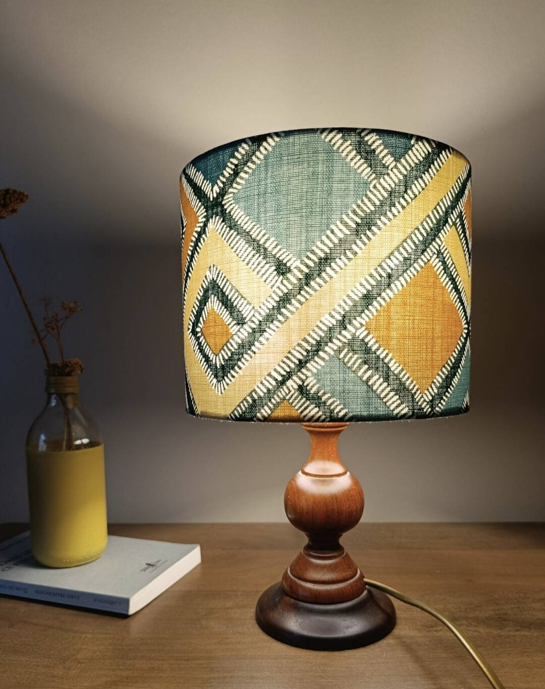 rustic chic turned wooden floor lamp, graphic linen lampshade