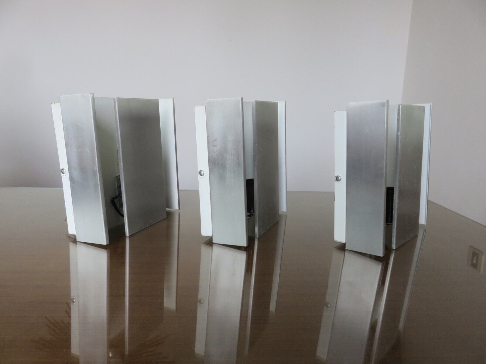 Series of 3 aluminum wall lamps, modernist, minimalist 70s