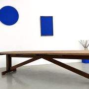 Refectory table in solid pine and beech, with X-shaped legs.