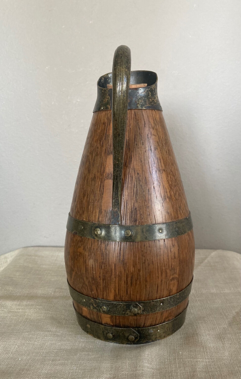 Beaune brandy pitcher in solid oak with brass rims 1970s