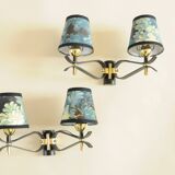 Pair of vintage black and gold wall lights - 18th century foliage lampshade
