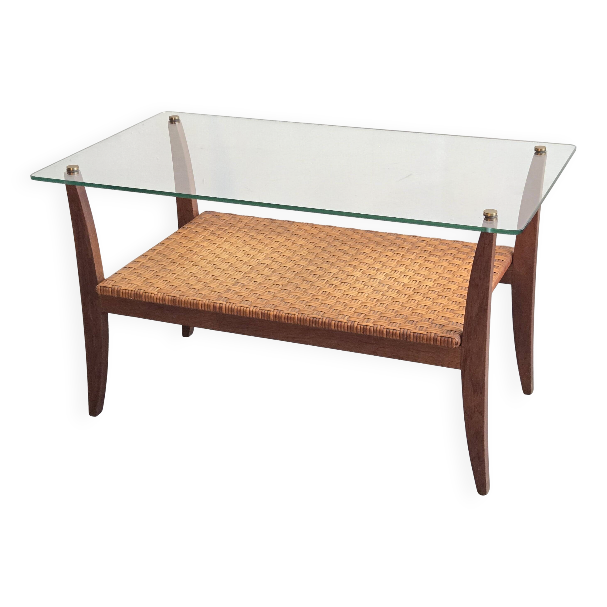 Table basse en rotin & hêtre 1960 vintage