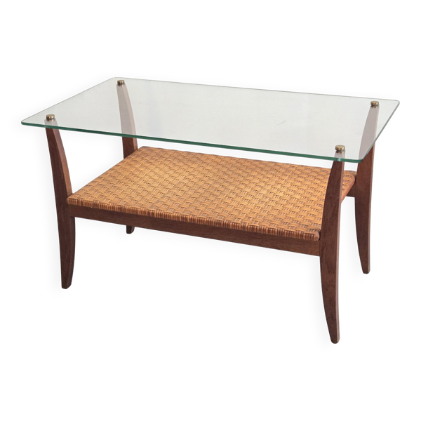 Table basse en rotin & hêtre 1960 vintage