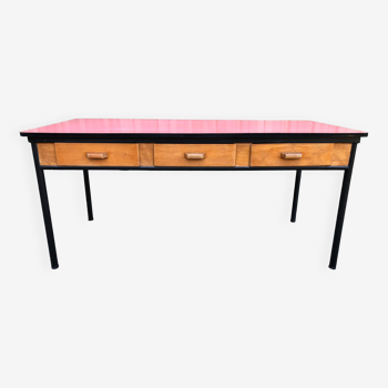Vintage repair table with 6 drawers in beech with base in black lacquered tubular metal.