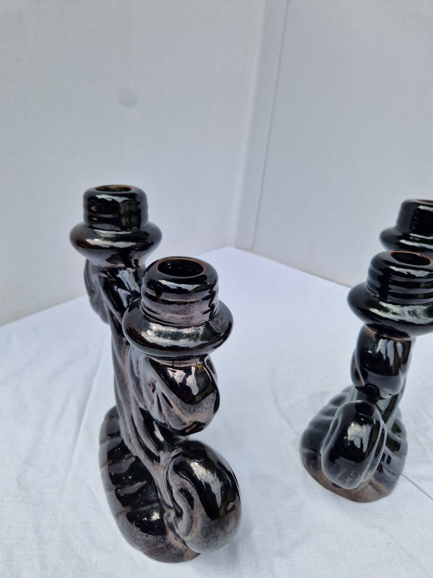 Set of 2 vintage two-light candle holders in Vallauris ceramic design.