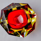 Cendrier Sommerso rouge et jaune par seguso, verre facetté, murano, italie, 1970