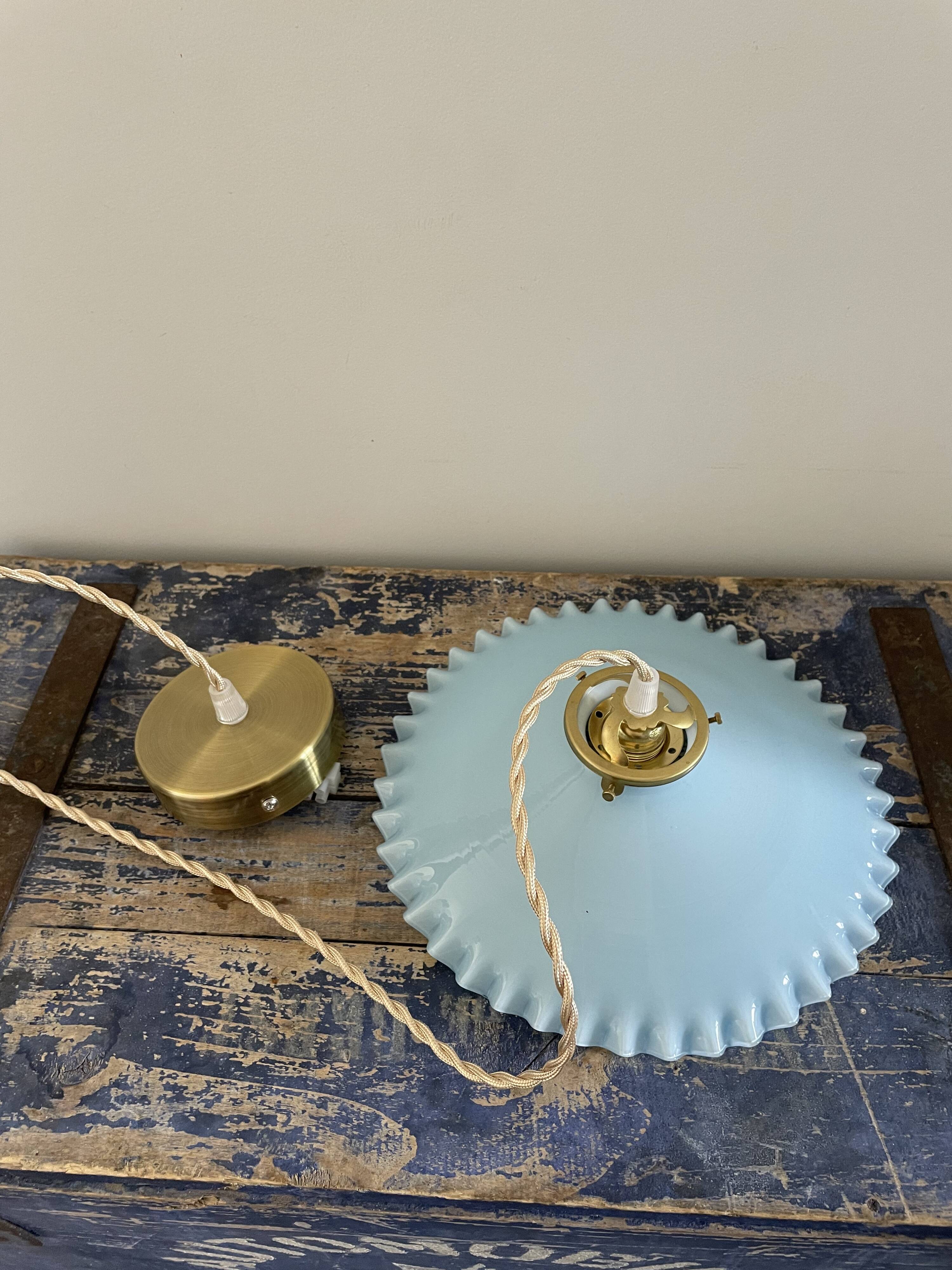 Vintage suspension lamp in blue opaline electrified to nine