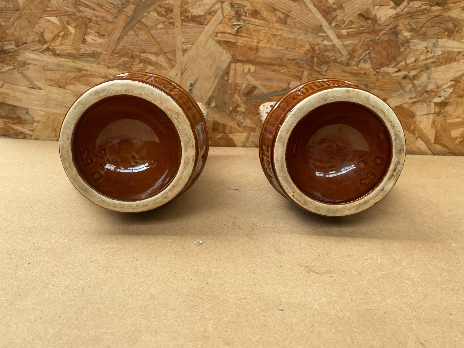 Pair Antique Brown Ceramic Barrel Shaped Pitchers Vintage