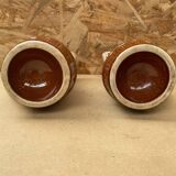 Pair Antique Brown Ceramic Barrel Shaped Pitchers Vintage