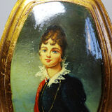 Small vintage Venetian oil on wood convex medallion portrait.