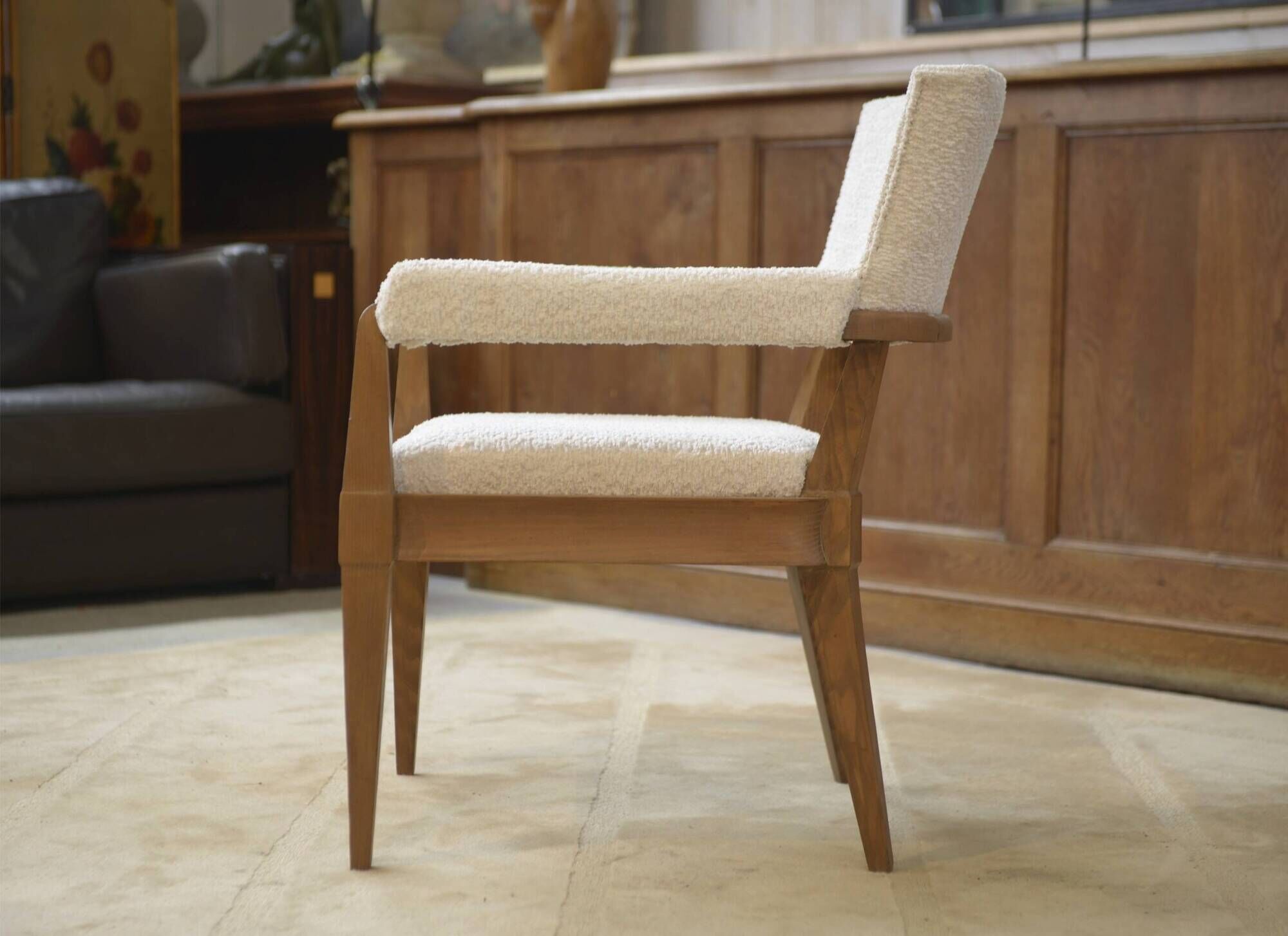 Art Deco modernist armchair in ash and cream boucle by Pierre Gouffé 1940s