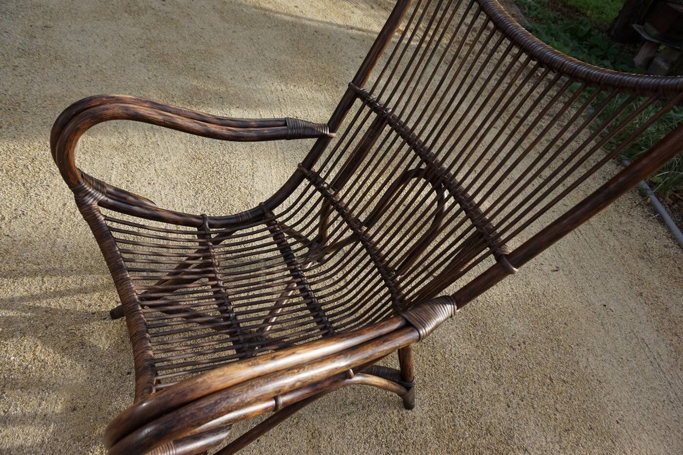 Chaise longue vintage en bambou et rotin avec coussins en cuir, années 1960