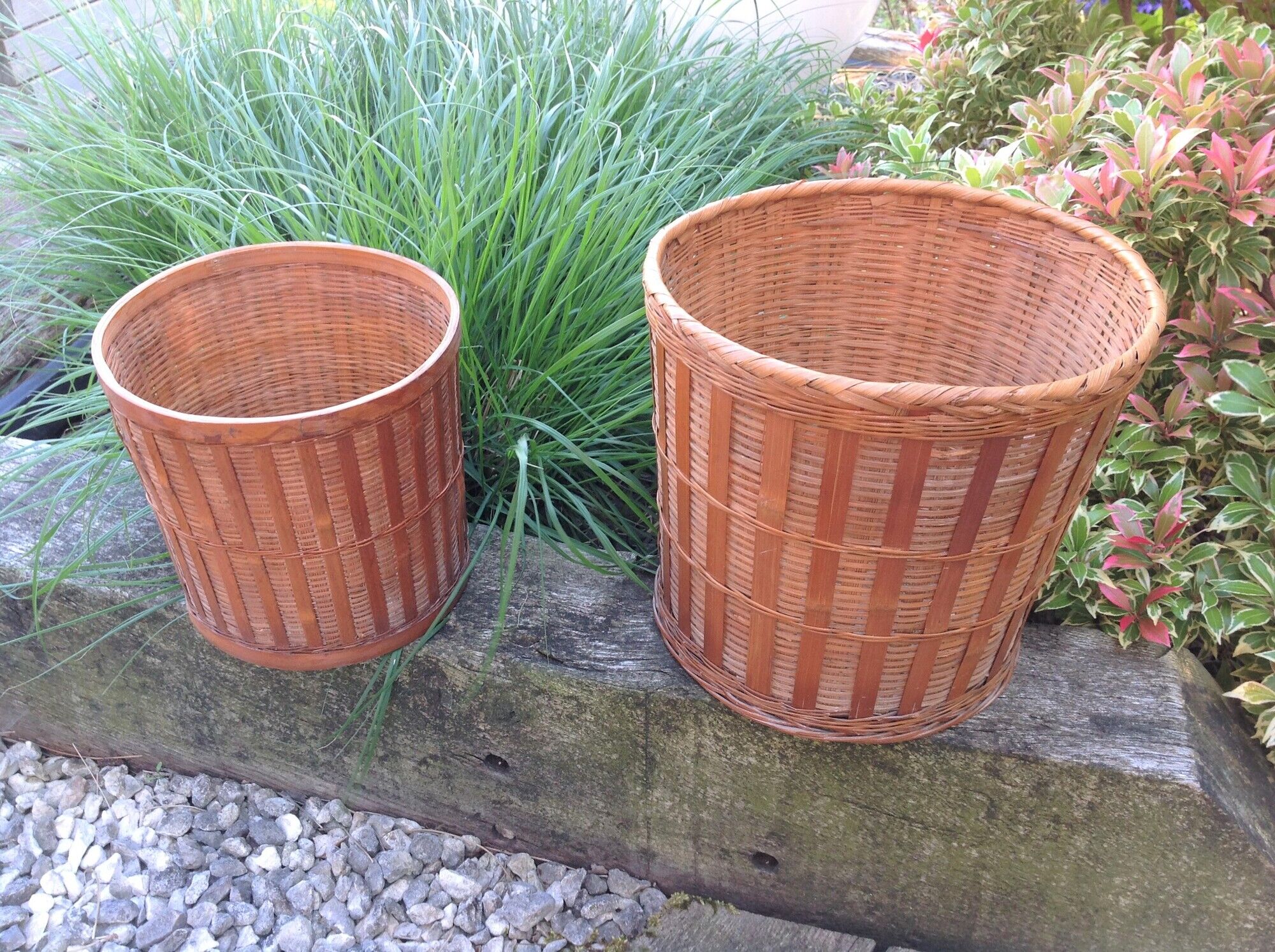 Pair of braided bamboo pot cover / vintage 60s-70s