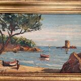 Peinture à l'huile vintage d'une crique de mer