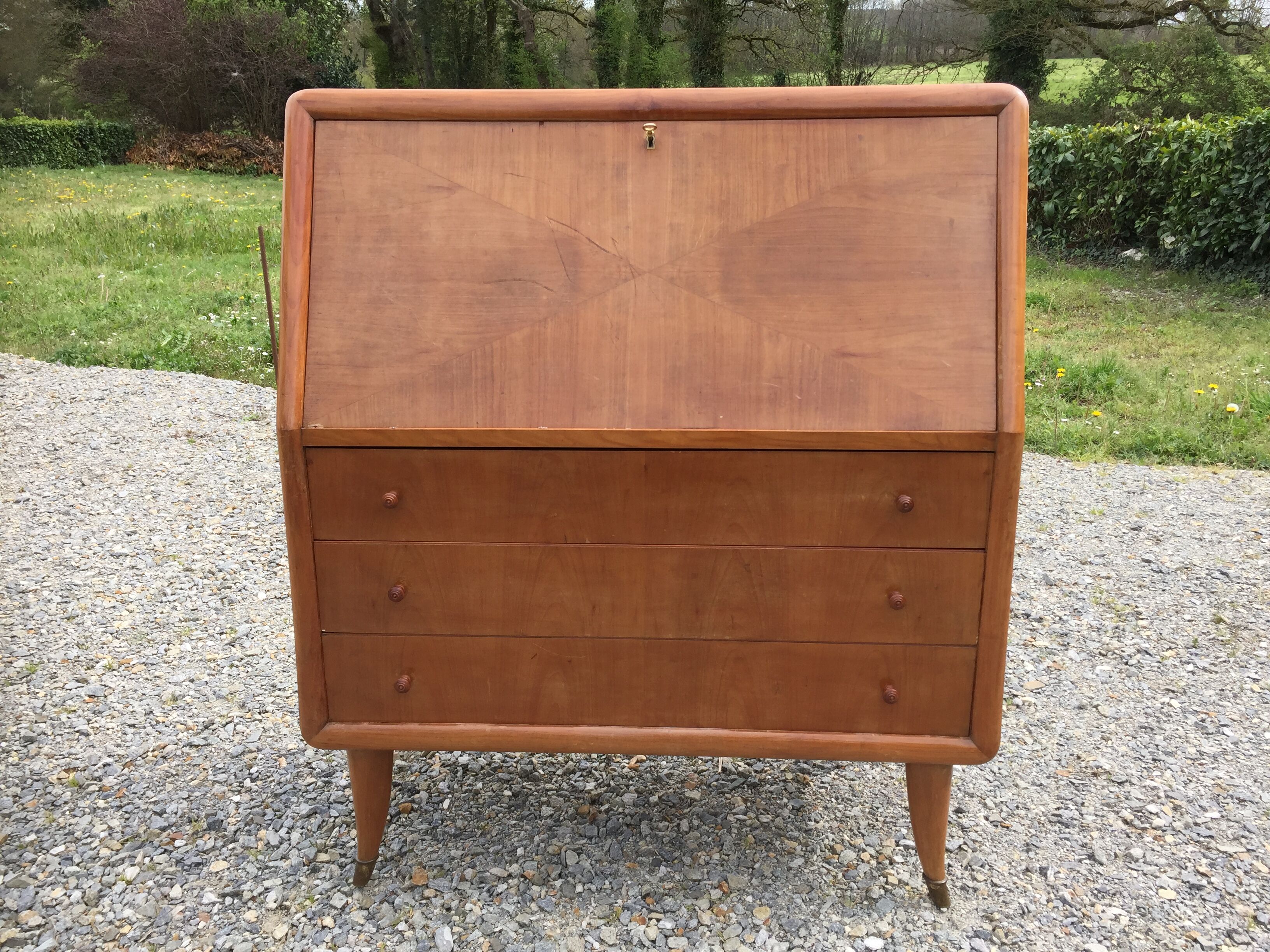 Vintage secretary desk, known as donkey's back, in cherry wood, Italian by Marelli & Fratelli.